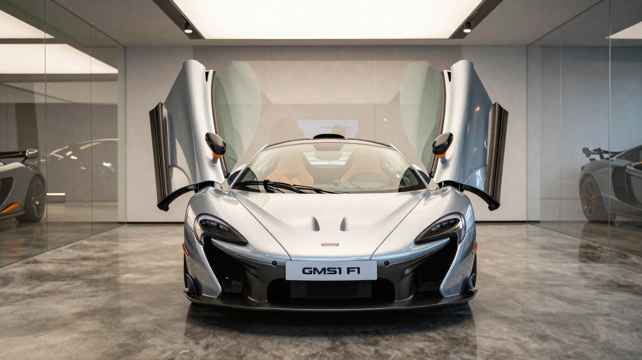 Silberner Sportwagen McLaren GMS1 F1 mit geöffneten Flügeltüren in modernem Showroom.
