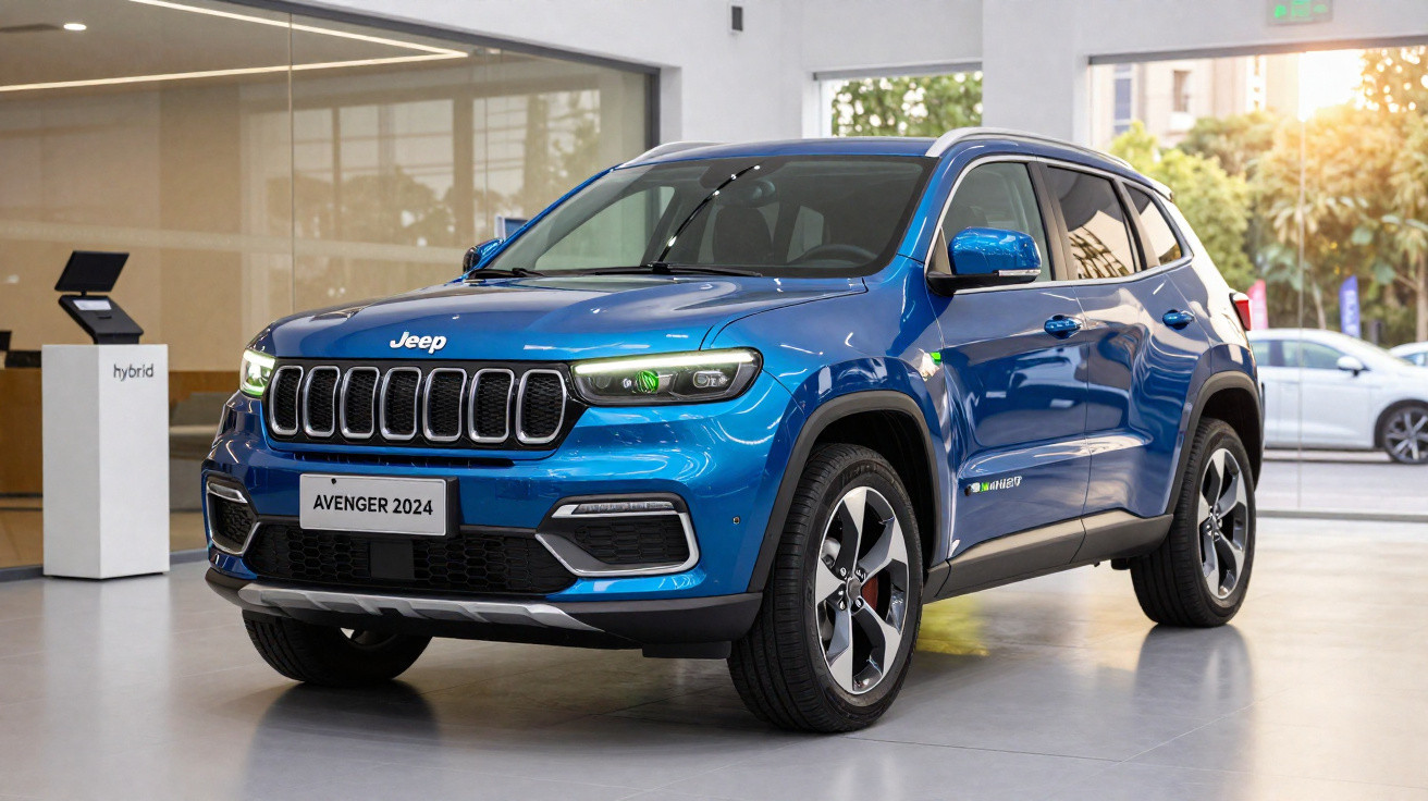 Blauer Jeep Avenger 2024 Hybrid-SUV in modernem Showroom stehend, Frontansicht mit markanter Kühlergrillgestaltung.