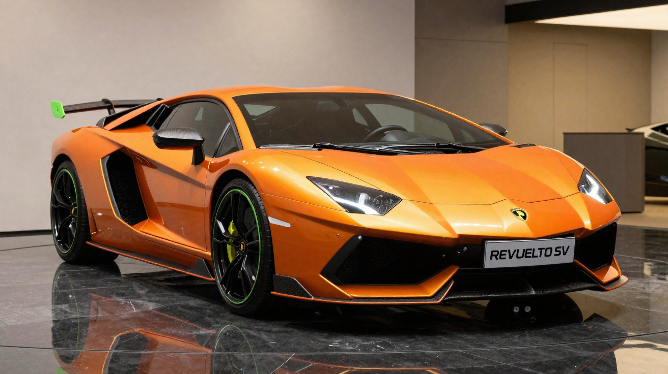Oranger Lamborghini Revuelto SV Sportwagen mit grünem Spoiler in moderner Ausstellungshalle.
