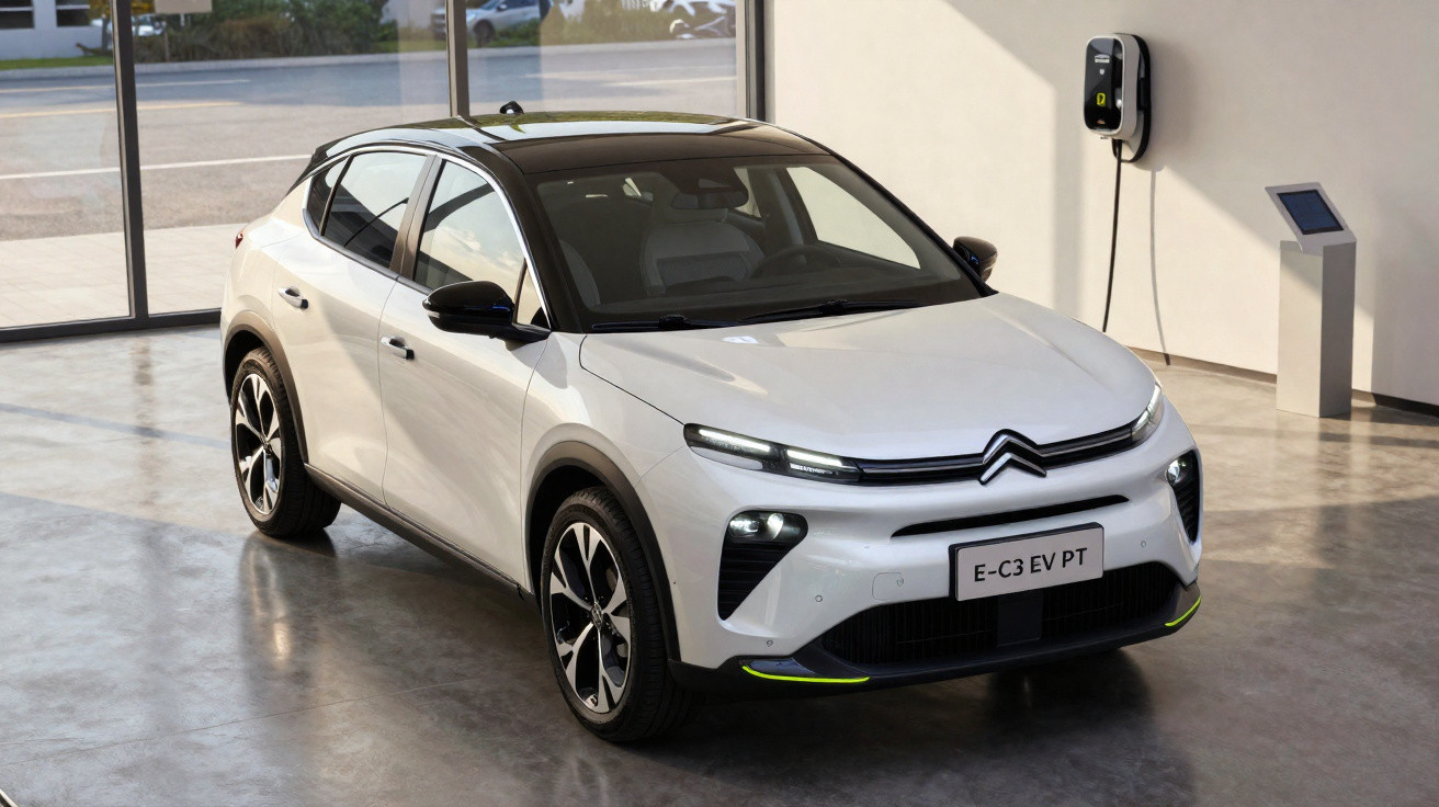 Weißer Citroën E-C3 Elektroauto steht in einem modernen Showroom neben Ladestation.