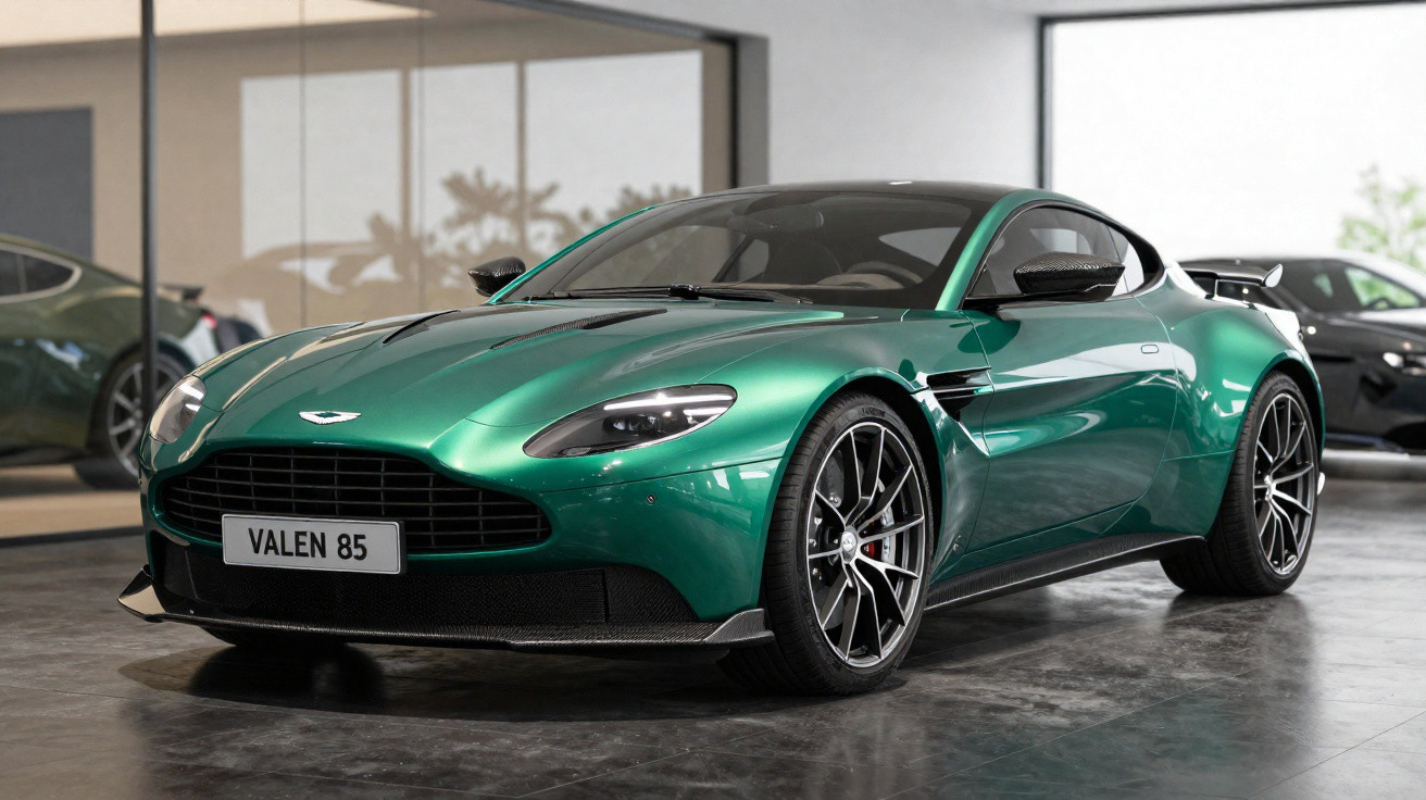 Grüner Aston Martin Sportwagen mit Spoiler, glänzend und aerodynamisch, steht in einem modernen Showroom.