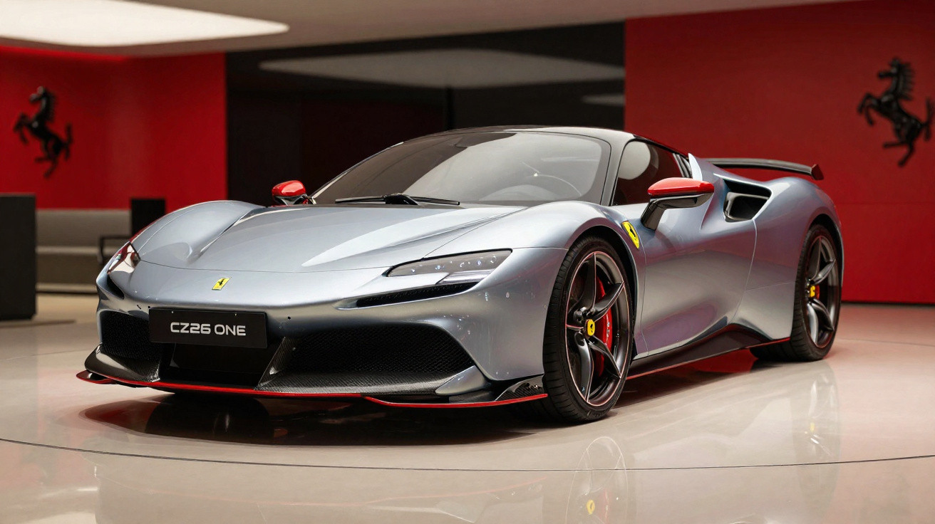 Silberner Ferrari Sportwagen mit rotem Akzent in einer Ausstellungshalle vor roter Wand.
