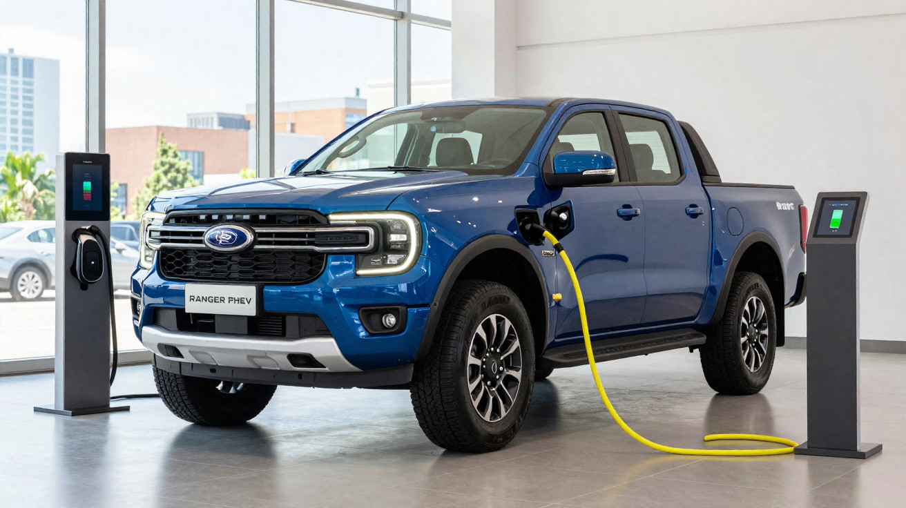 Blauer Ford Ranger PHEV Pickup geladen an Ladestation in hellem Showroom mit großen Fenstern.