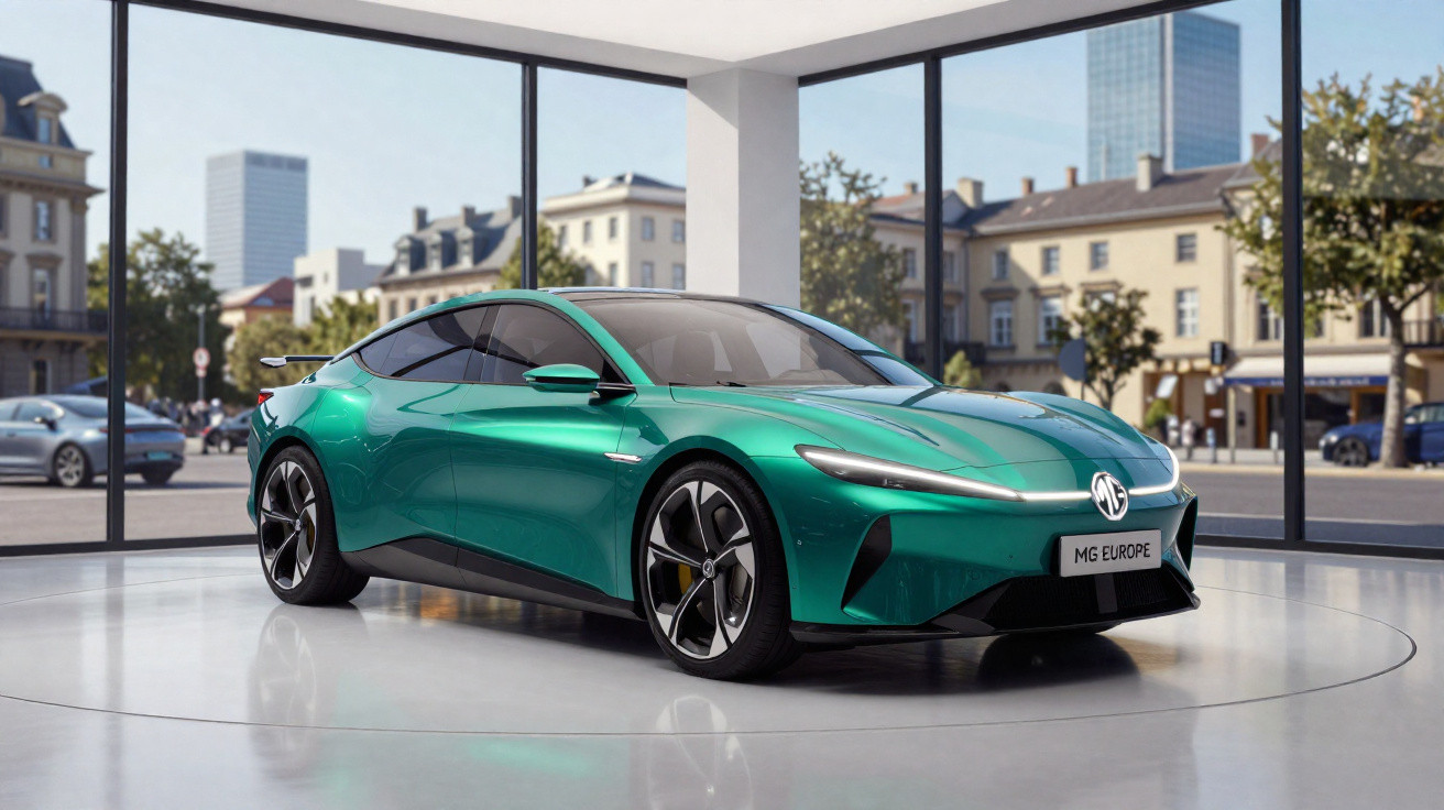 Grünes Elektroauto MG im Showroom mit großen Glasfenstern und Stadtblick im Hintergrund.