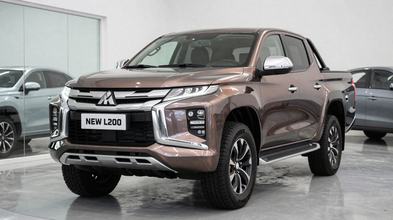 Brauner Mitsubishi New L200 Pickup im Showroom, Frontansicht leicht schräg von links