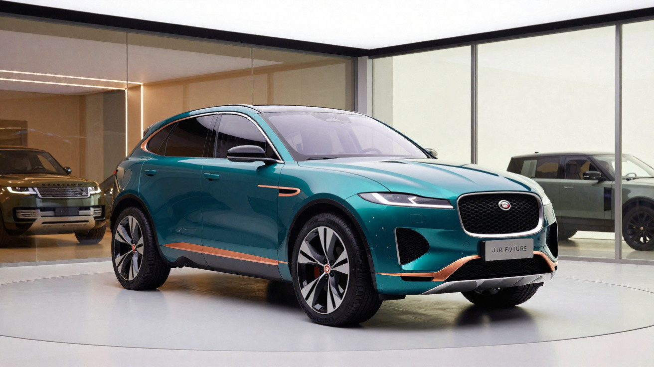 Grünes Jaguar JLR Future Elektro-SUV im Ausstellungsraum mit großen Glasfenstern und zwei weiteren Fahrzeugen im Hintergrund.