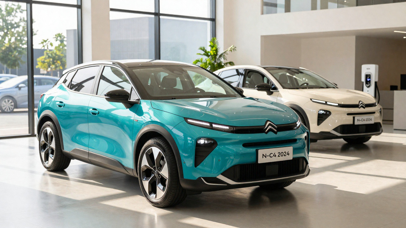 Zwei Citroën N-C4 2024 Elektroautos in Blau und Weiß in einem hellen Showroom.