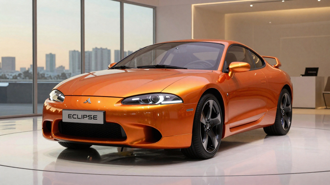 Oranger Mitsubishi Eclipse Sportwagen in modernem Showroom mit Stadtblick im Hintergrund.