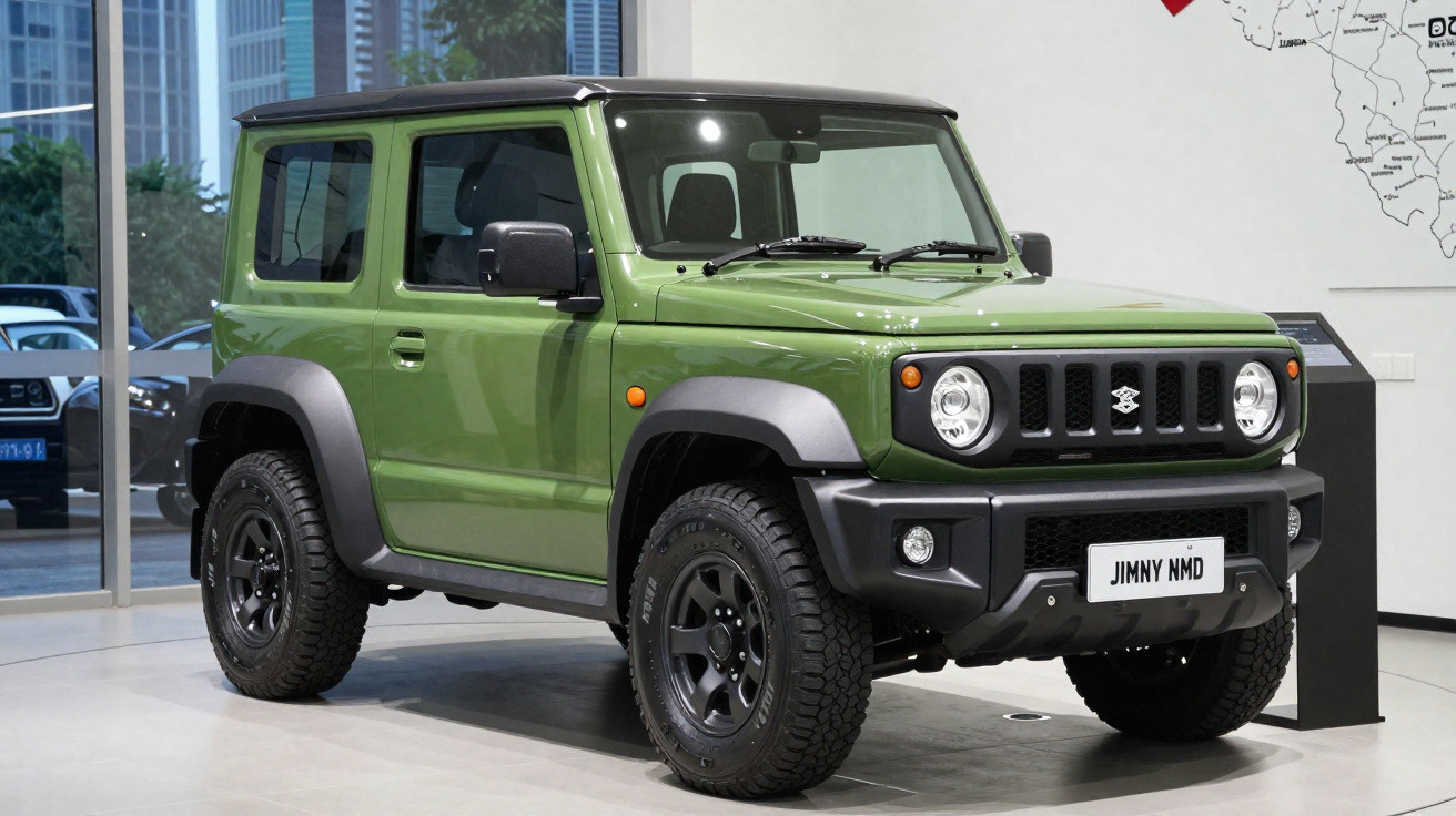 Grüner Suzuki Jimny NMD Geländewagen, stehend in modernem Autohaus mit großen Fenstern.