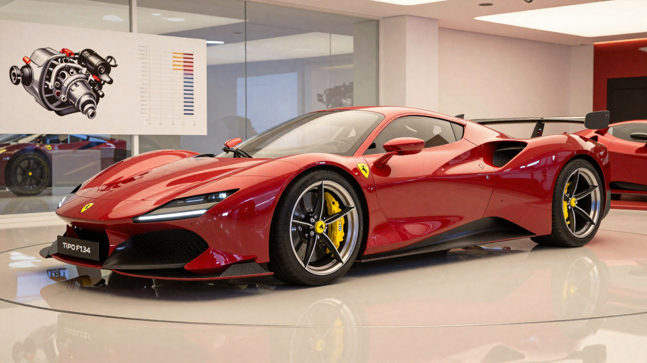 Roter Ferrari Tipo F134 Supersportwagen mit gelben Bremsen und schwarzem Heckflügel in moderner Ausstellungshalle