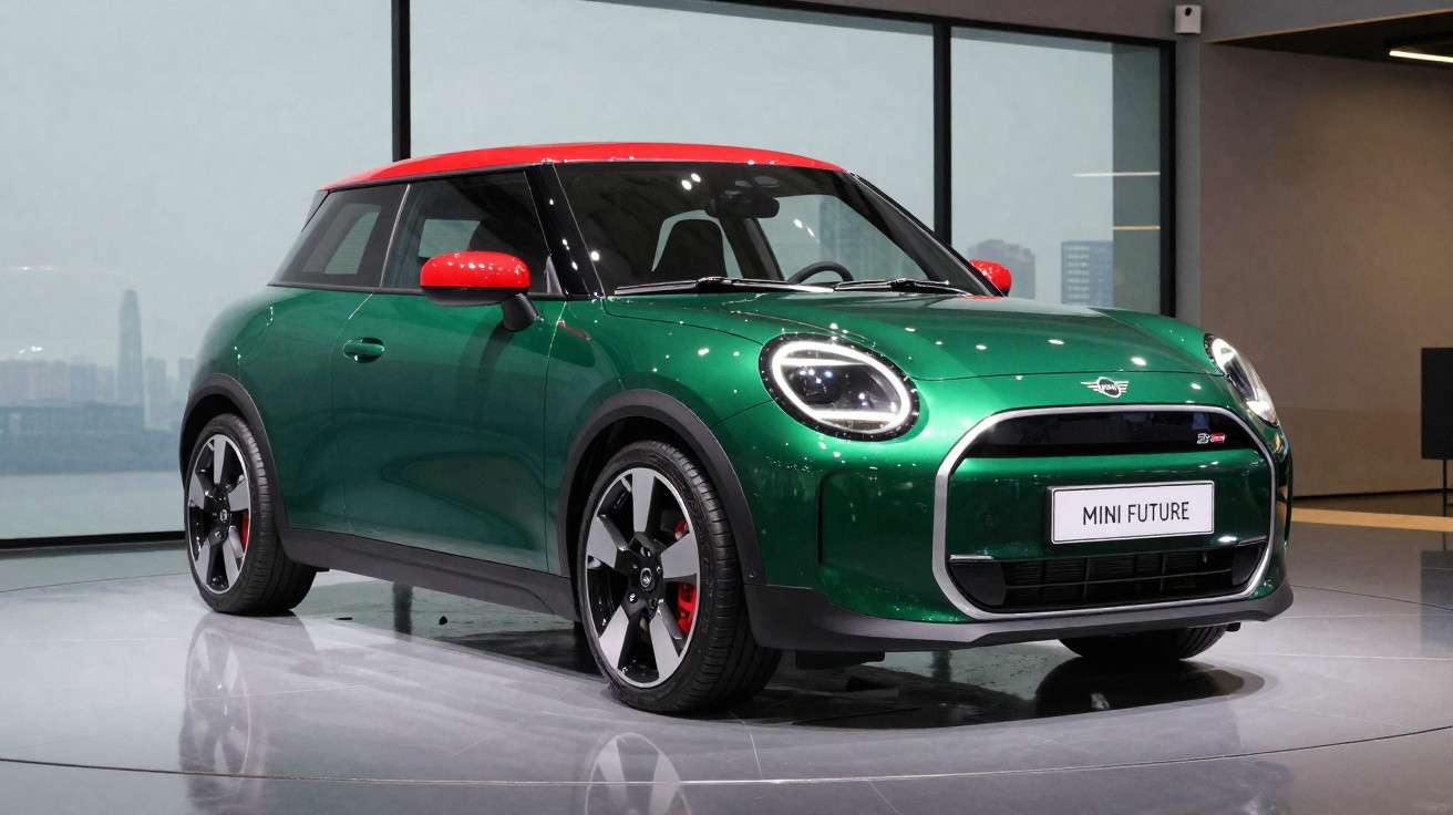 Grüner Mini Cooper mit rotem Dach und Spiegelkappen, präsentiert in einem modernen Ausstellungsraum.