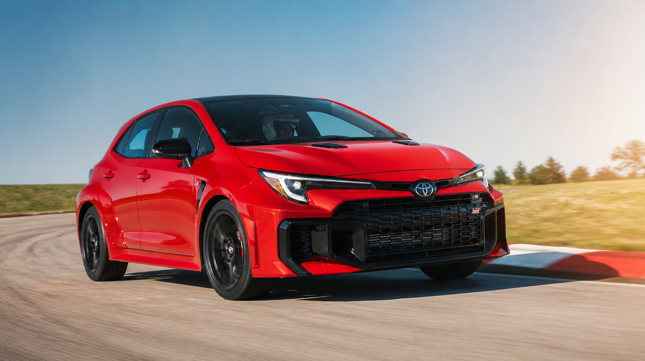 Roter Toyota GR Yaris fährt auf Rennstrecke bei Sonnenschein mit verschwommenem Hintergrund.