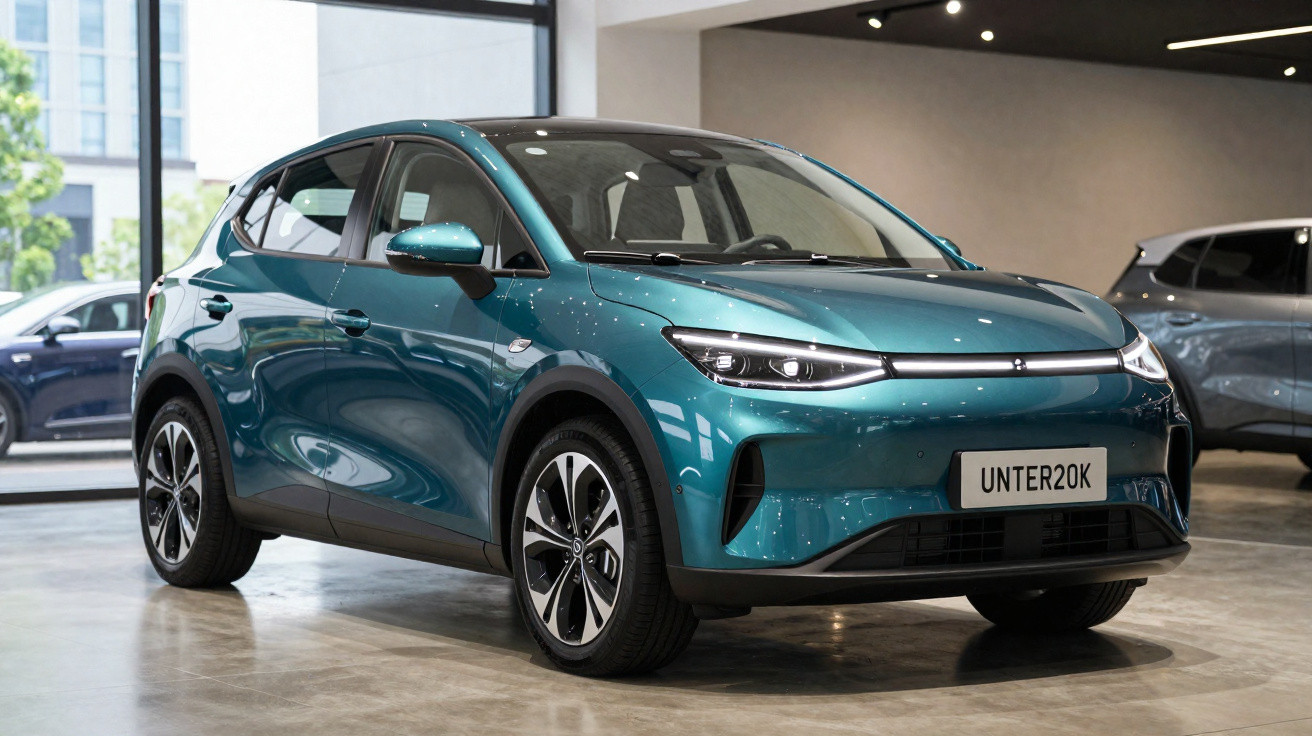 Blaugrüner kompakter Elektro-SUV steht in einem modernen Ausstellungsraum mit großen Fenstern.