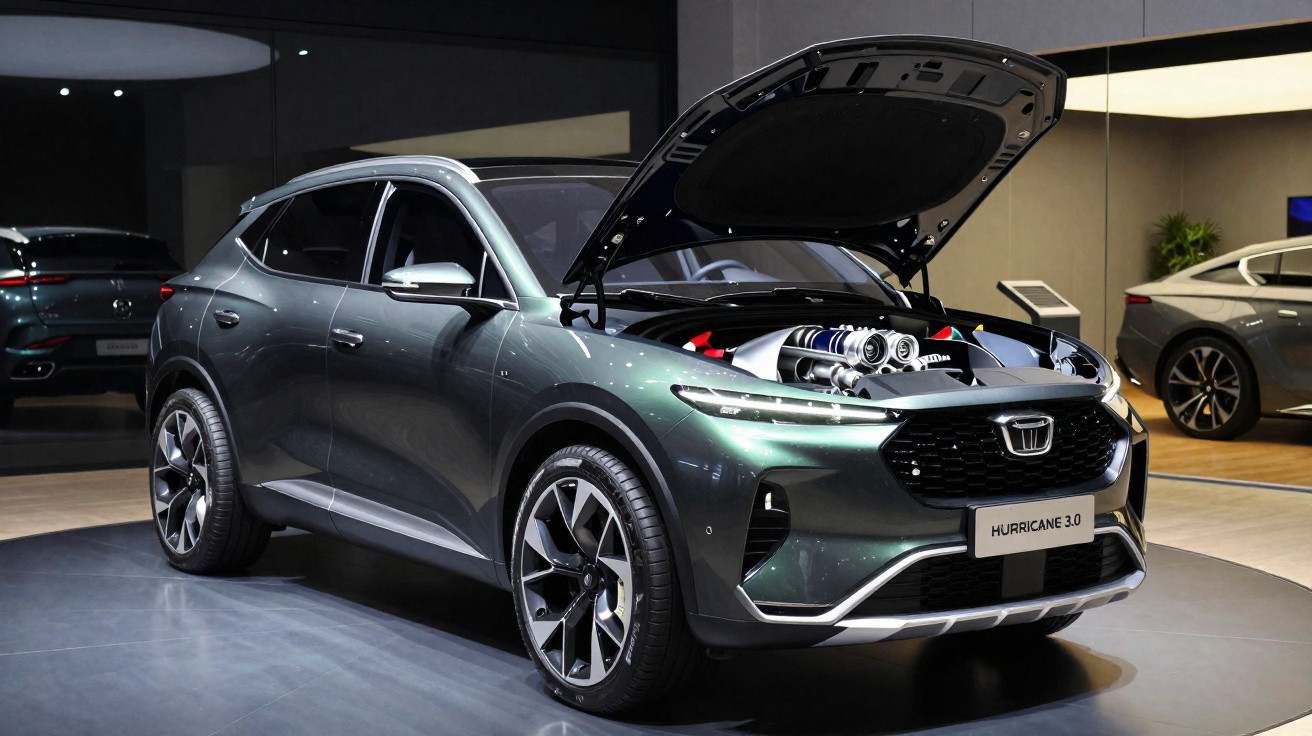 Moderner grauer SUV mit offener Motorhaube in einem hell beleuchteten Autohaus.