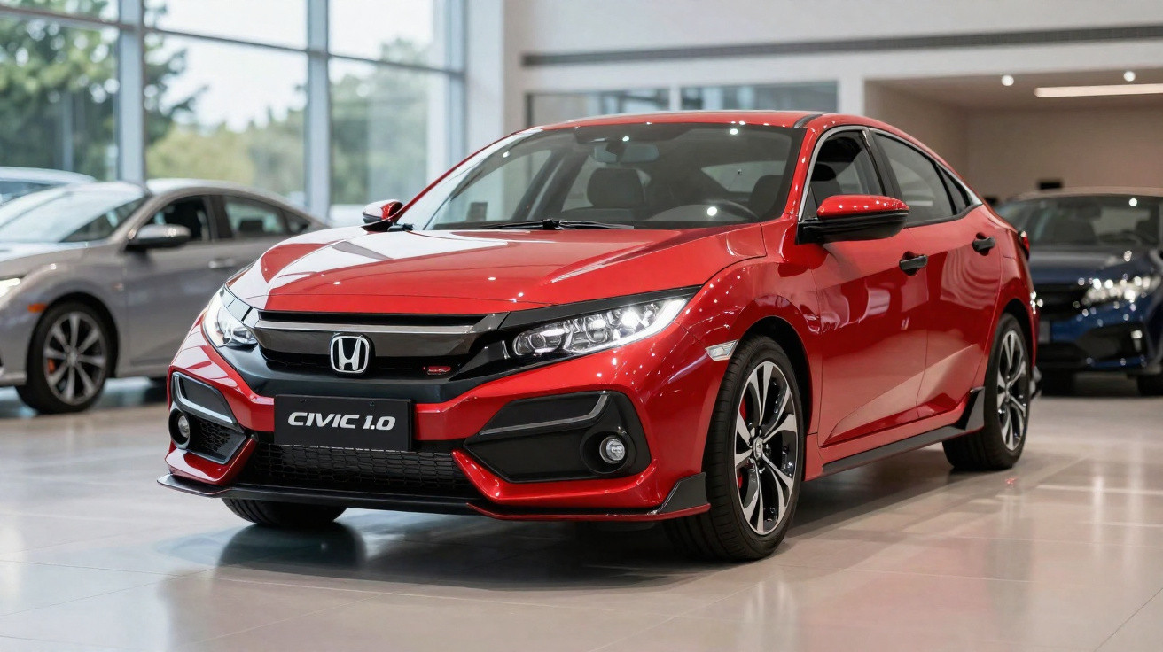 Roter Honda Civic 1.0 in einem modernen Autohaus, frontal seitlich aufgenommen, mit schwarzen Akzenten.