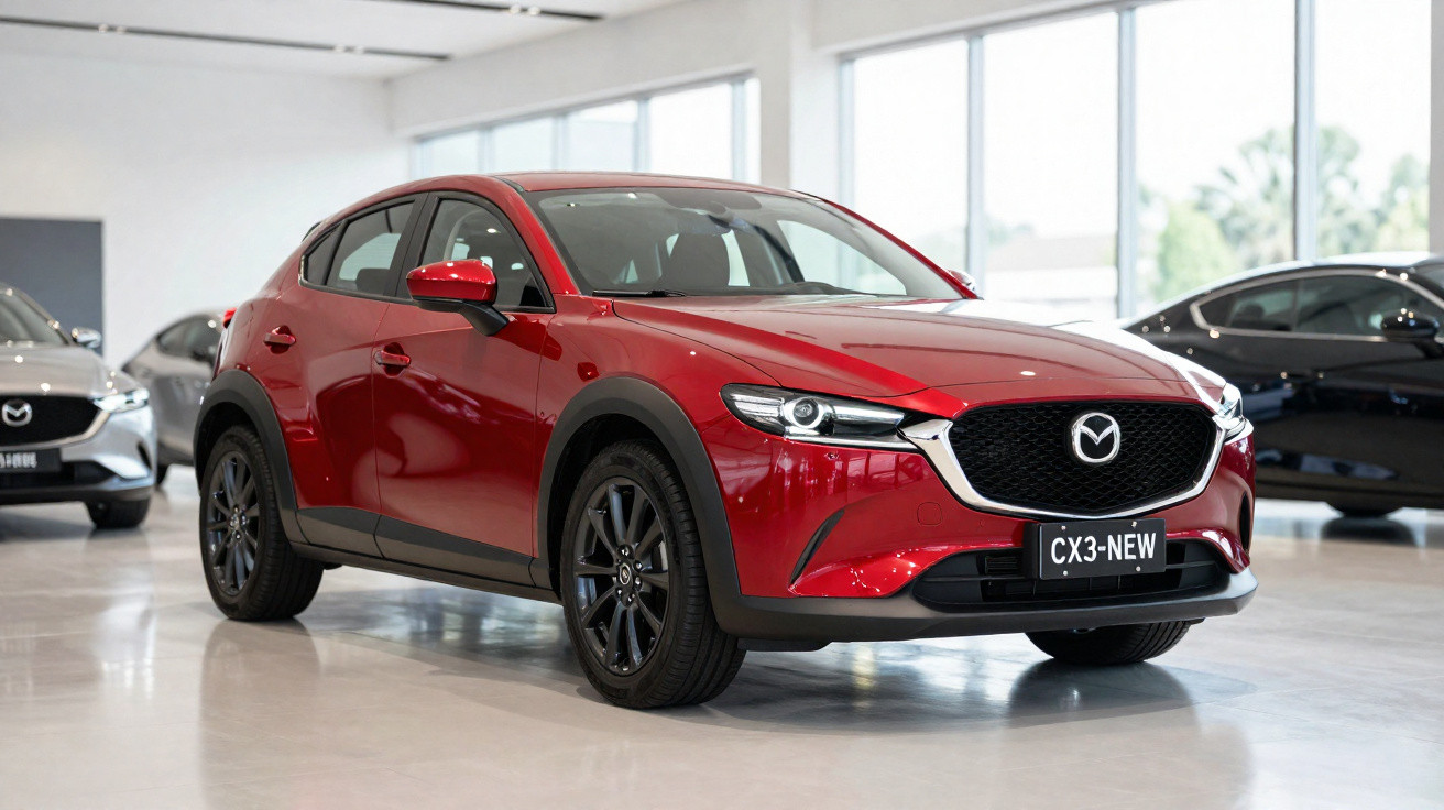 Roter Mazda CX-3 SUV im Showroom mit schwarzem Kühlergrill und schwarzen Felgen, seitliche Ansicht.