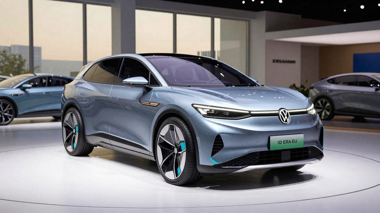 Blauer Volkswagen ID. ERA EU Elektroauto im Showroom mit großen Fensterflächen und weiteren Fahrzeugen im Hintergrund.