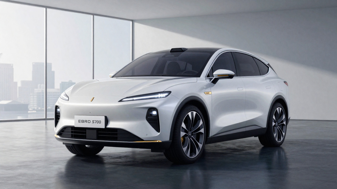 Weißer elektrischer SUV EBRO S700 in modernem Showroom mit großen Fenstern und Stadtblick.