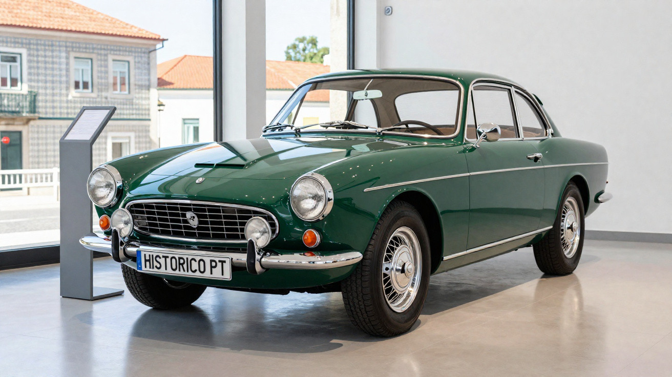 Grüner klassischer Sportwagen in einem Museum mit „HISTORICO PT“ Nummernschild und großer Frontscheibe.