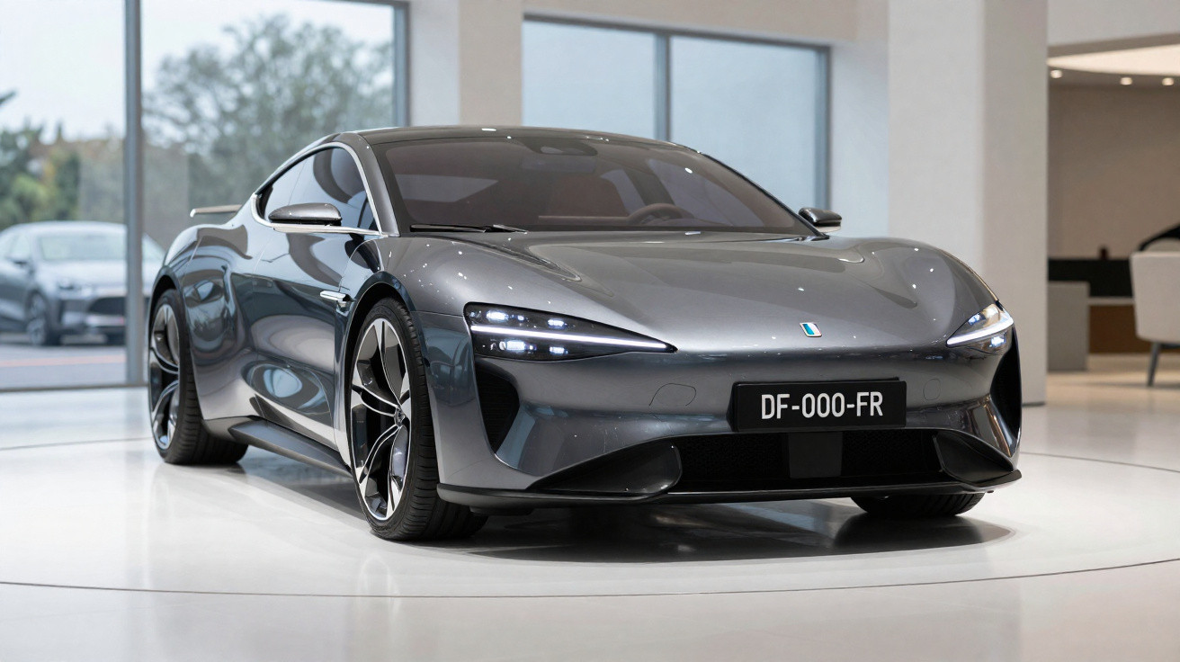 Elegantes graues Elektroauto in einem modernen Showroom, frontal und seitlich sichtbar.