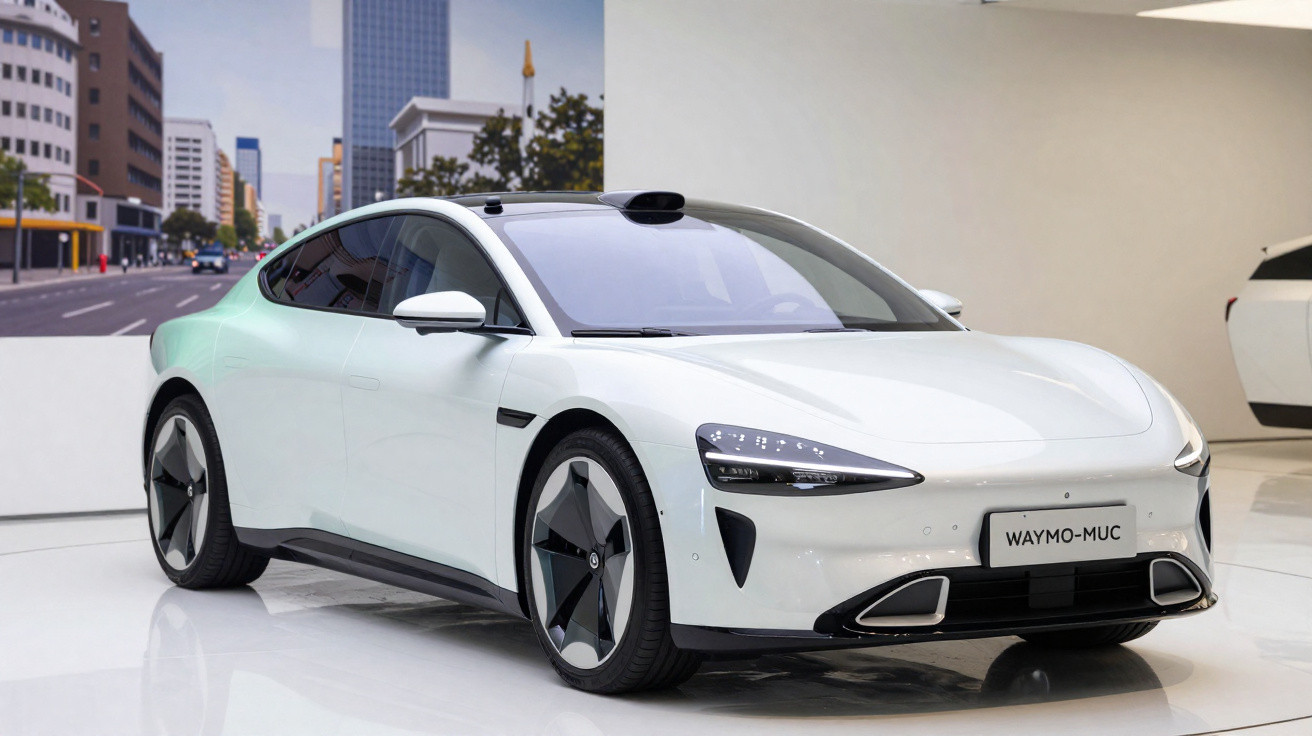 Weißes autonom fahrendes Elektroauto mit aerodynamischem Design in einer Ausstellungshalle.