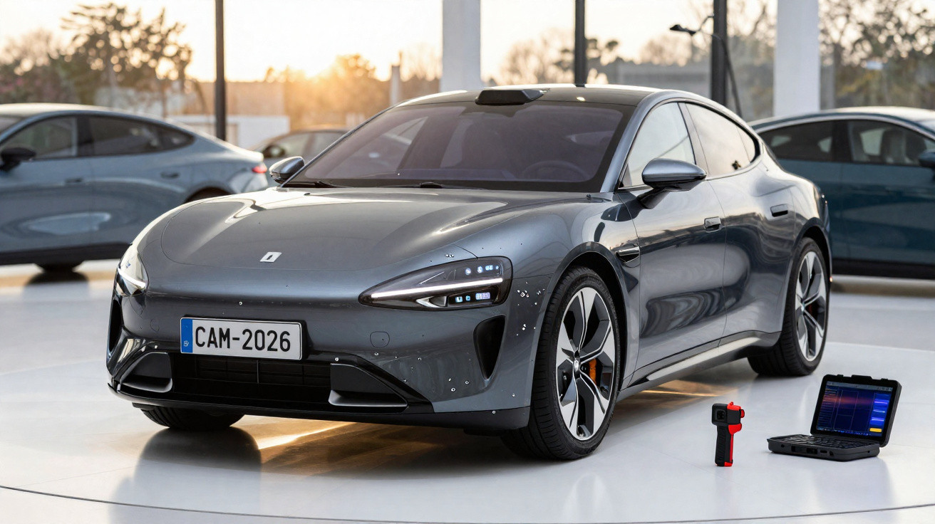 Graues Elektrosportauto im Showroom mit Diagnosegerät und Handscanner auf hellem Boden bei Sonnenuntergang.