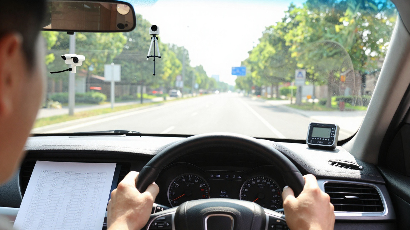 Fahrer hält Lenkrad mit beiden Händen, Blick auf Straße, Instrumententafel und Kameras im Auto sichtbar.