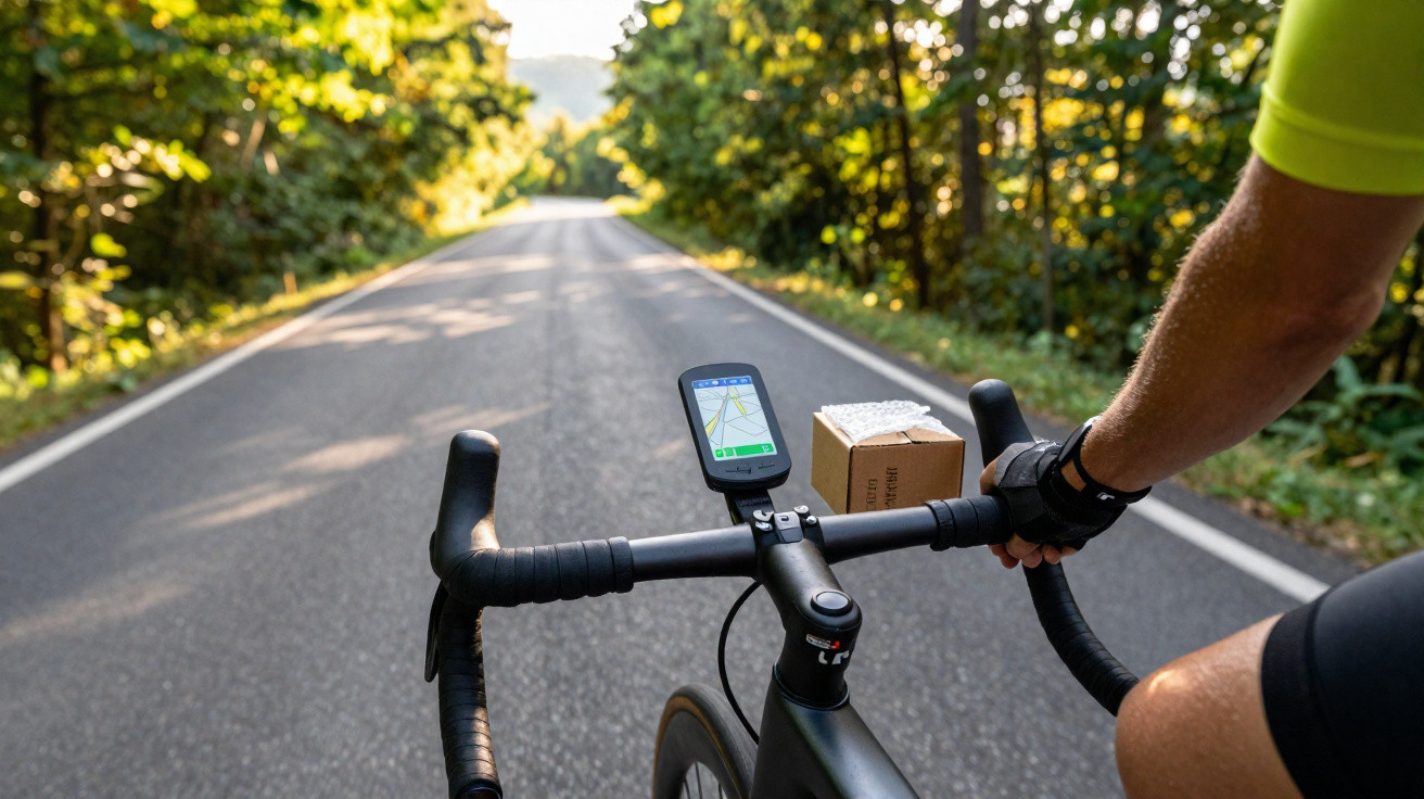 Fahrradlenker mit GPS-Gerät und Paket, Radfahrer auf asphaltierter Straße mit Wald im Hintergrund.