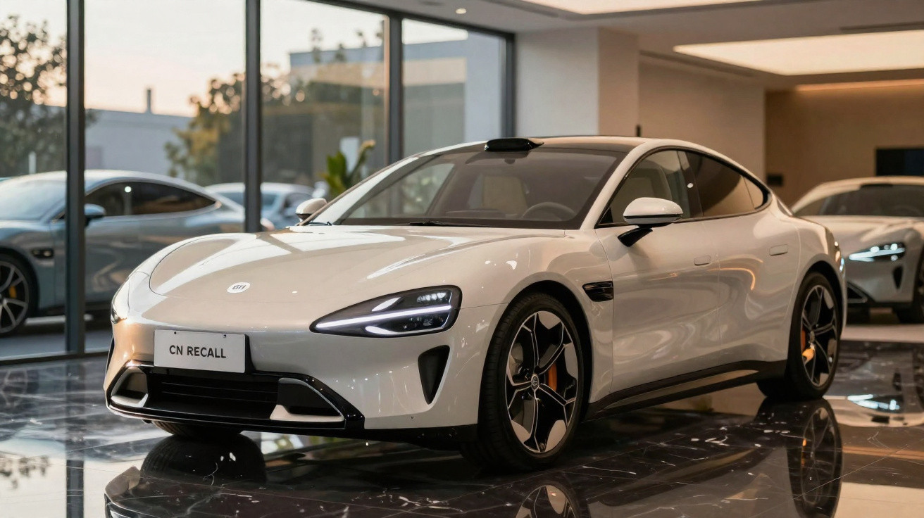 Weißer elektrischer Sportwagen in modernem Autohaus mit großem Panoramafenster und schwarzen Marmorboden.