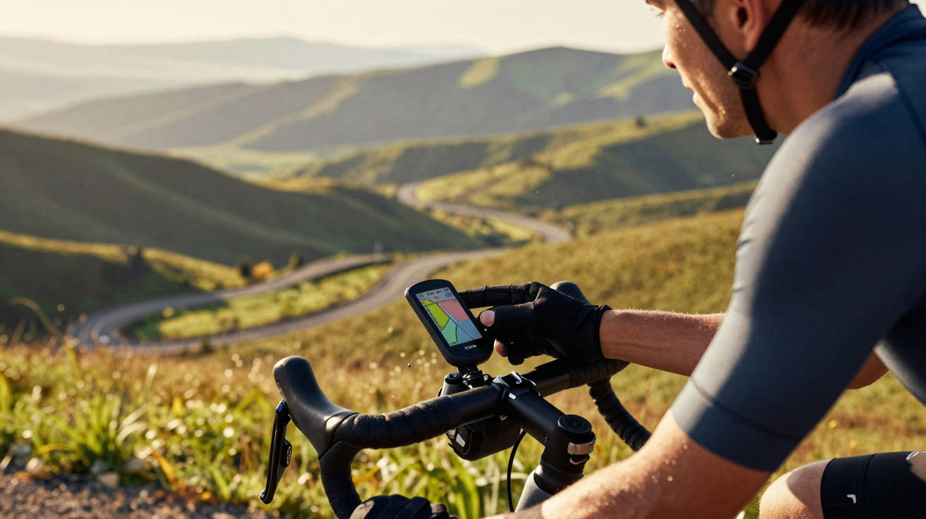 Fahrradfahrer mit Helm nutzt Navigationsgerät auf kurviger Bergstraße bei Sonnenschein und grünem Panorama.