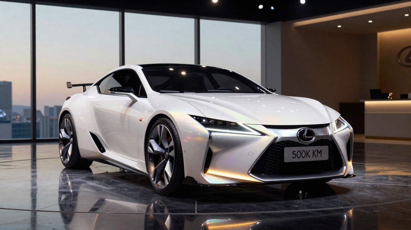 Weißer Lexus Sportwagen mit scharfen LED-Scheinwerfern und aerodynamischem Design in modernem Showroom.