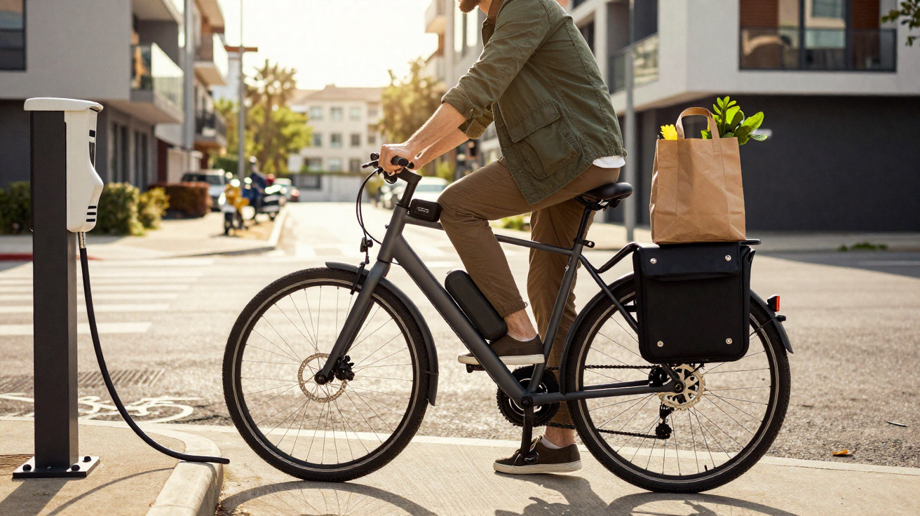 Person lädt ein schwarzes E-Bike an einer Ladestation in einer städtischen Umgebung bei Tageslicht auf.
