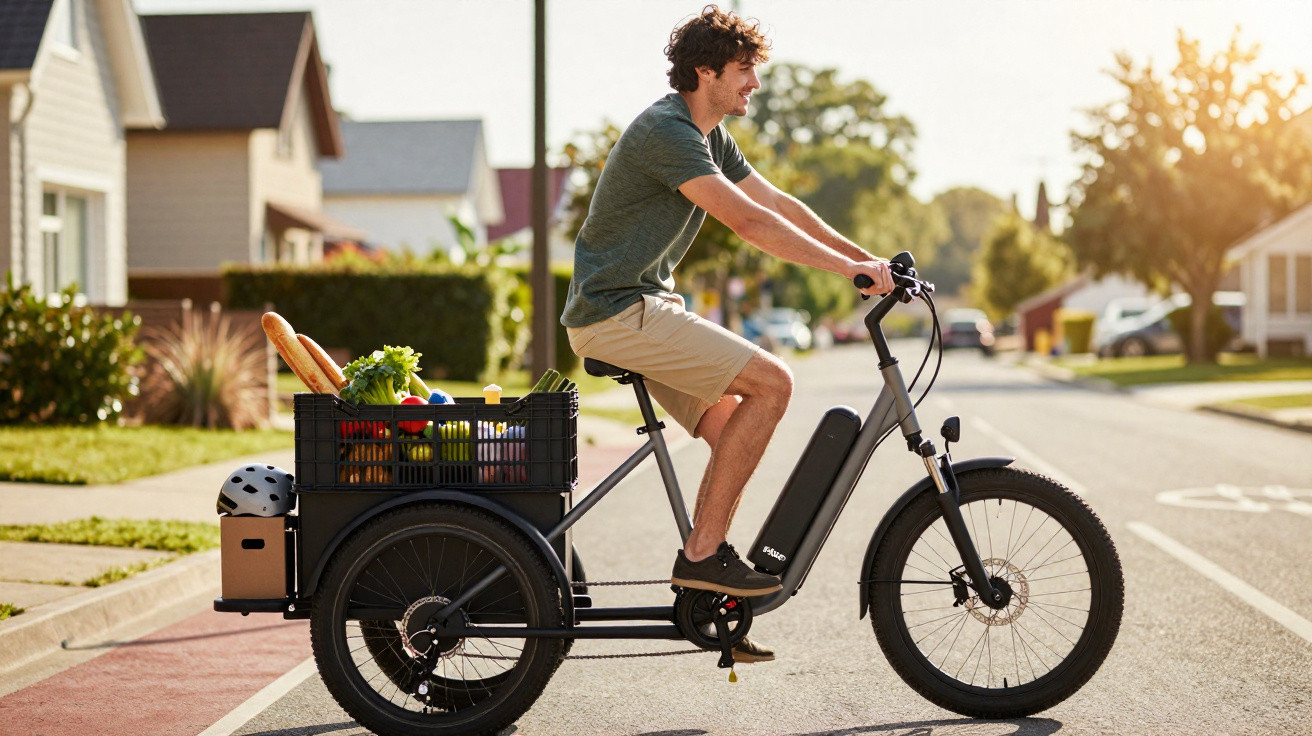 Mann fährt Fahrrad mit großem Korb voller frischer Lebensmittel in sonniger Wohngegend am Nachmittag.
