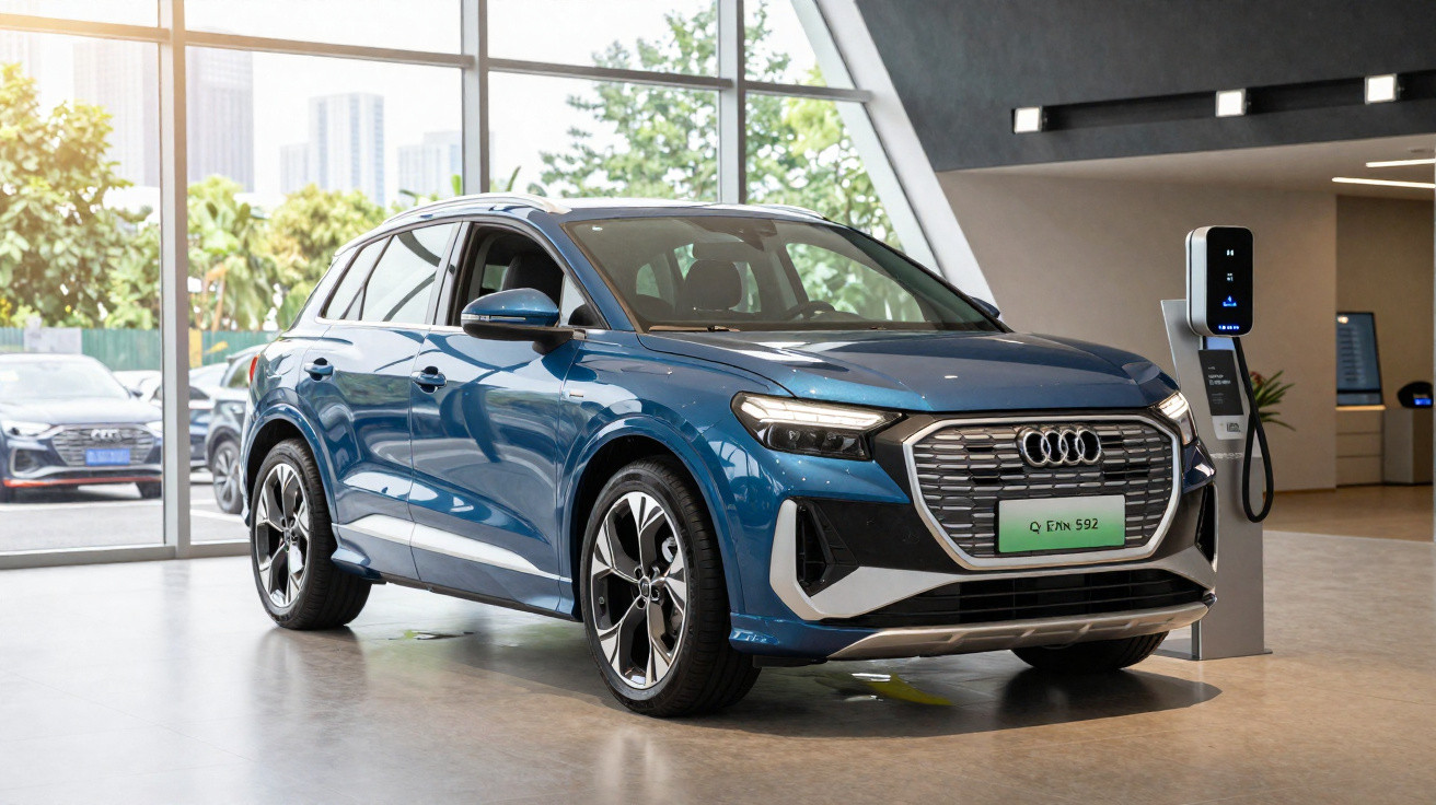 Blauer Audi Q4 e-tron SUV steht in einem hellen Showroom neben einer Ladestation.