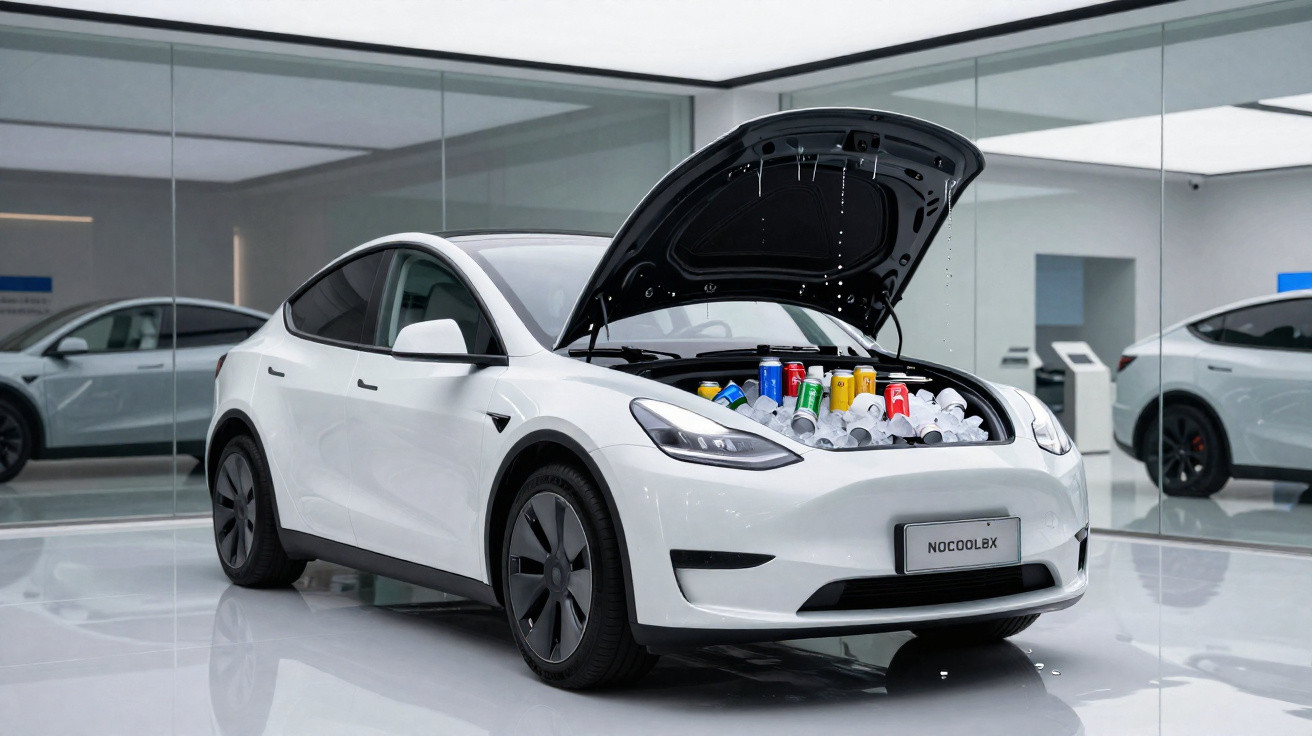 Weißes Elektroauto mit geöffneter Motorhaube, gefüllt mit verschiedenen Getränkedosen in einem modernen Showroom.