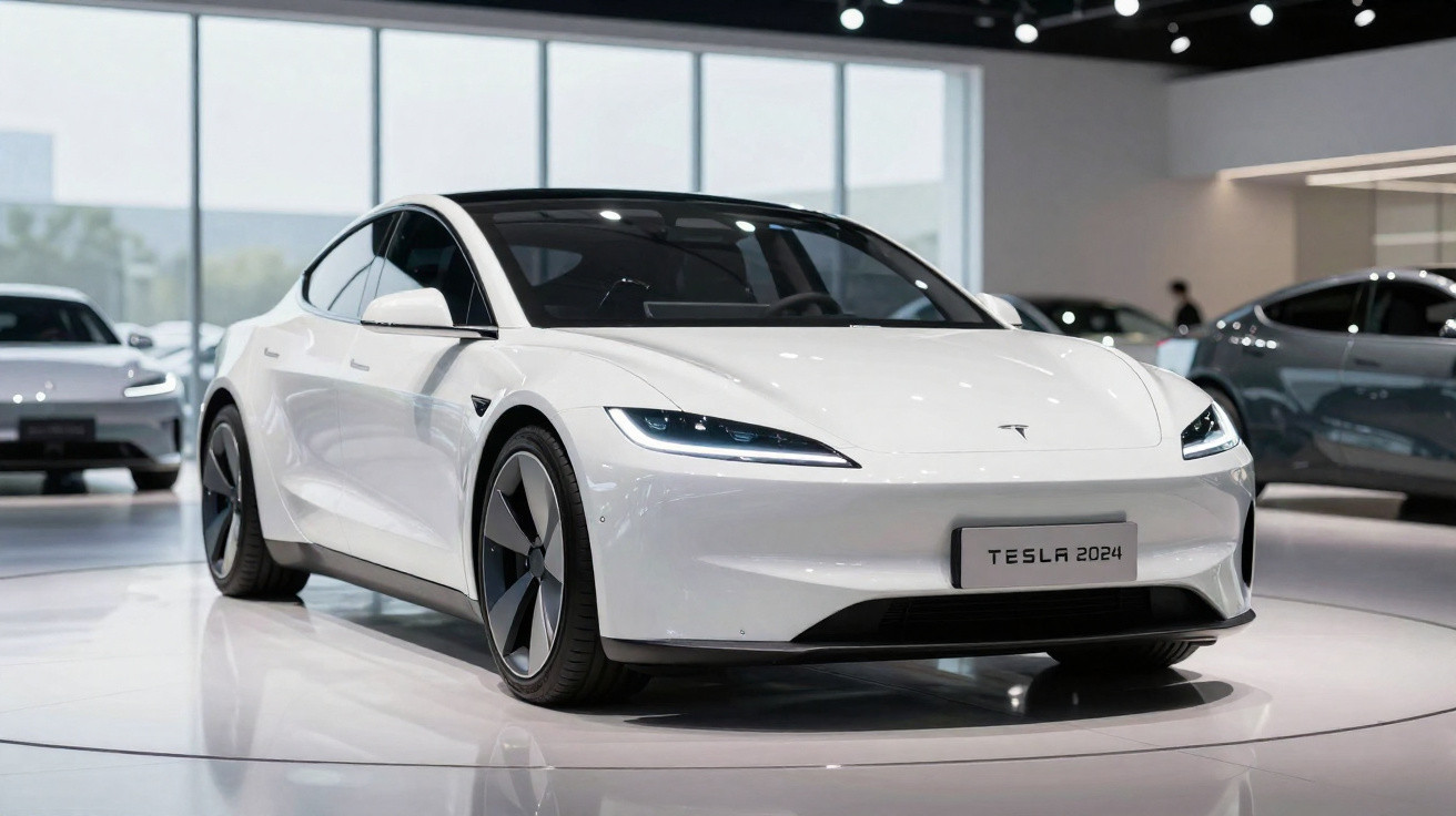 Weißes Tesla Model S 2024 Elektroauto in einem modernen Ausstellungsraum.