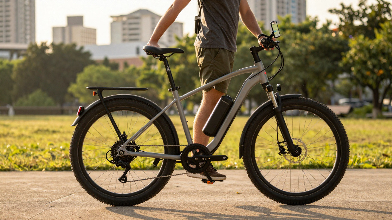 Person steht mit E-Bike auf Asphaltweg vor städtischer Parklandschaft bei Sonnenuntergang.