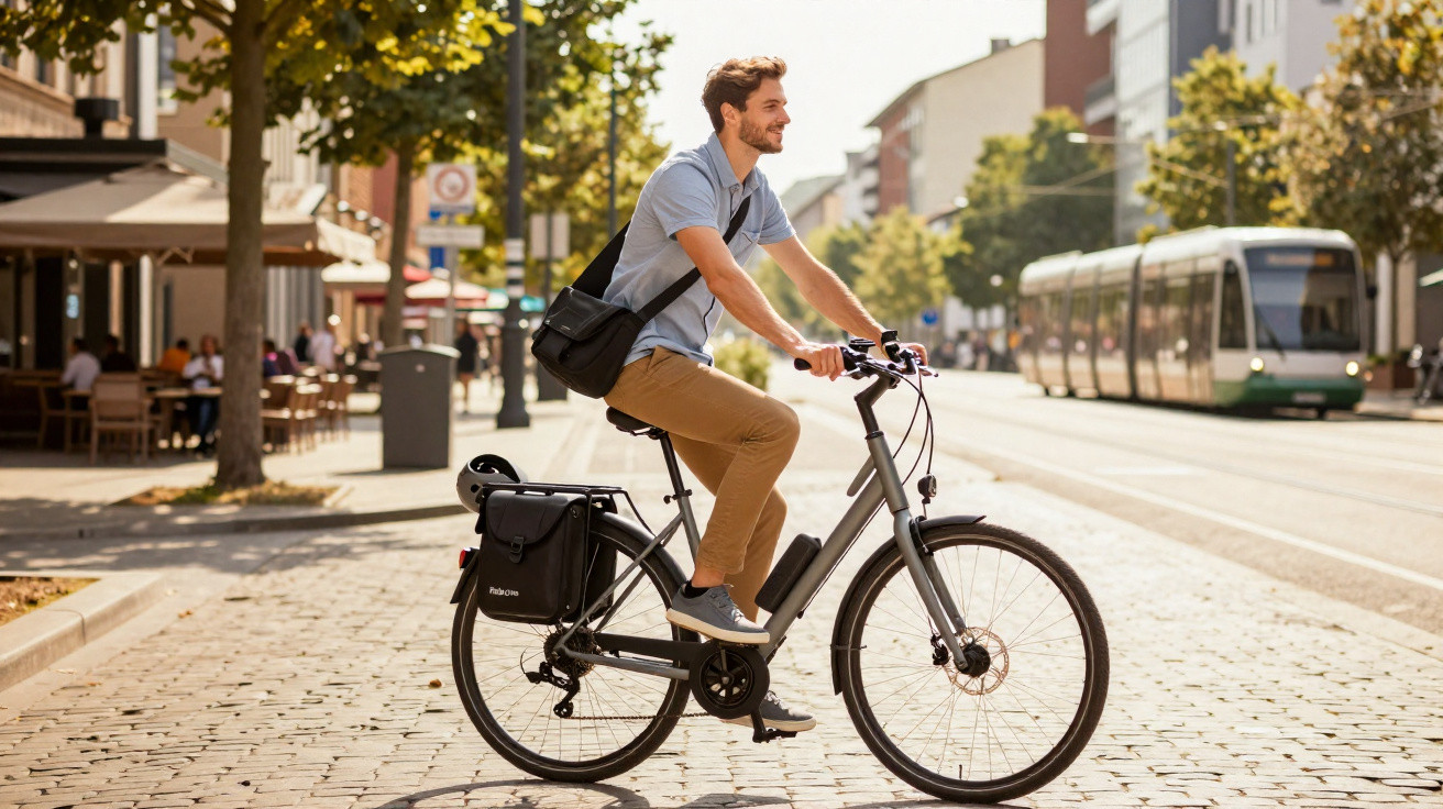 Mann fährt E-Bike auf sonniger Straße in der Stadt, im Hintergrund Straßenbahn und Cafés.