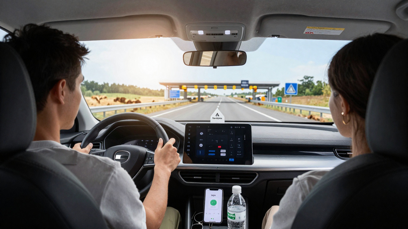 Blick von hinten auf Fahrer und Beifahrerin in einem Auto auf der Autobahn mit Mautstation im Blickfeld.