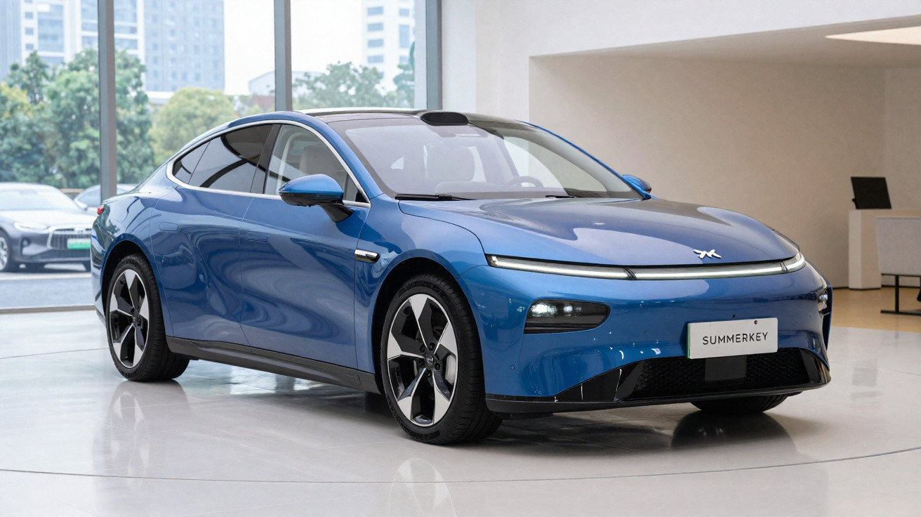 Blauer, moderner Elektroauto-Sportwagen in einer hellen Ausstellungshalle mit großen Fenstern.