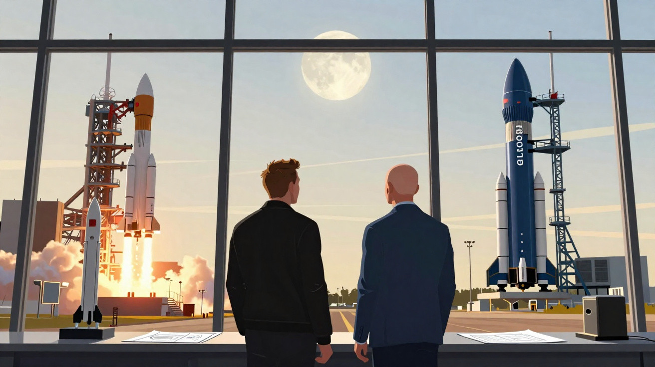 Zwei Männer beobachten den Raketenstart durch ein großes Fenster bei Sonnenuntergang mit voller Mondsicht.