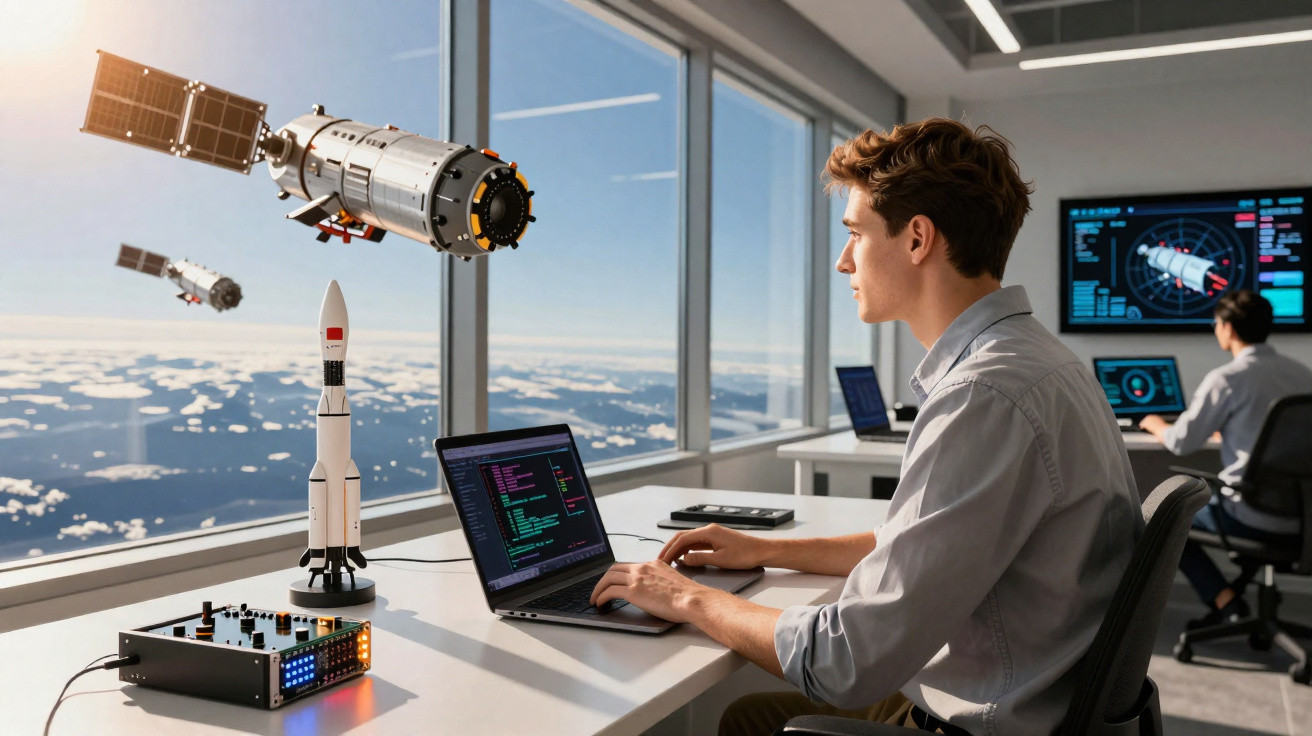 Mann arbeitet am Laptop in modernem Raumfahrtsbüro mit Raketenmodell und digitalen Satellitenanzeigen.