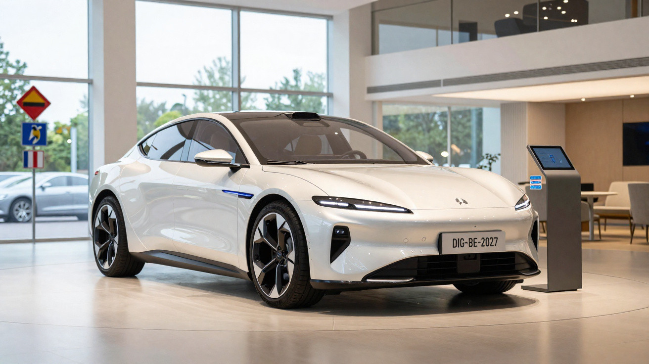 Weißes Elektroauto in modernem Showroom mit großen Fenstern und Informationsdisplay neben dem Fahrzeug.