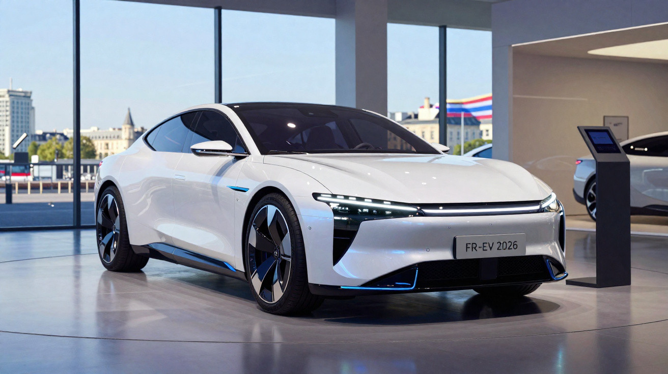 Weißes, futuristisches Elektroauto mit markantem Frontlicht im modernen Ausstellungsraum.