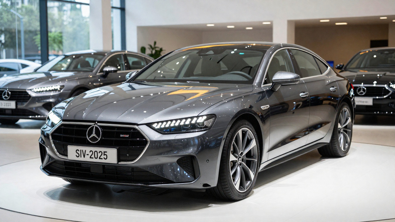 Grauer Mercedes-Benz mit modernem Design in einem hellen Autohaus ausgestellt.