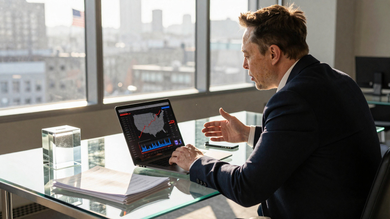 Geschäftsmann analysiert Diagramme und Karten auf Laptop in modernem Büro mit Glasfenstern.