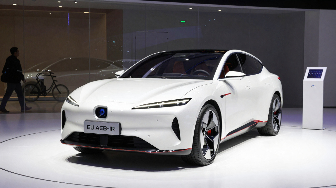 Weißes Elektroauto mit modernem Design auf Ausstellung, im Hintergrund reflektierende Glaswände und Mensch mit Fahrrad.