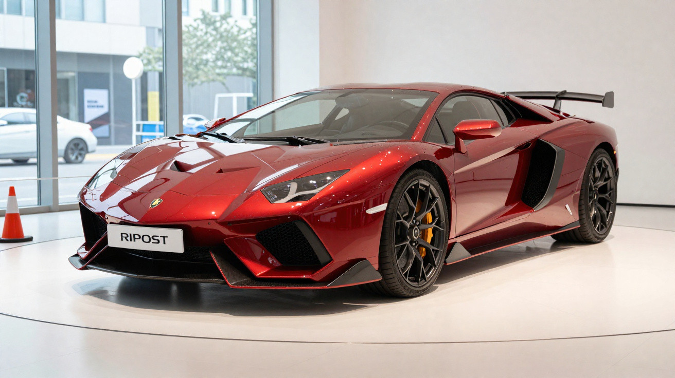 Roter Lamborghini Sportwagen mit schwarzem Heckspoiler in einem modernen Ausstellungsraum.