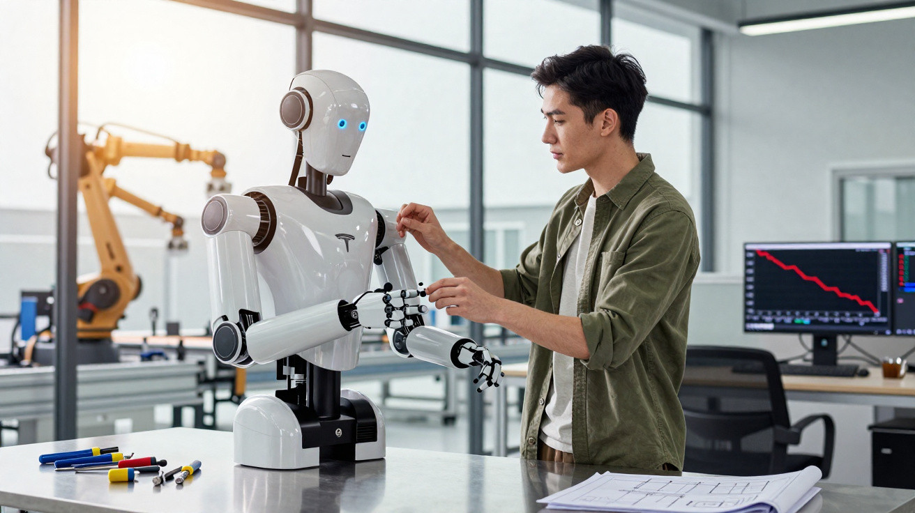 Ingenieur arbeitet an humanoidem Roboter in modernem Labor mit technischem Equipment und Monitoren im Hintergrund.