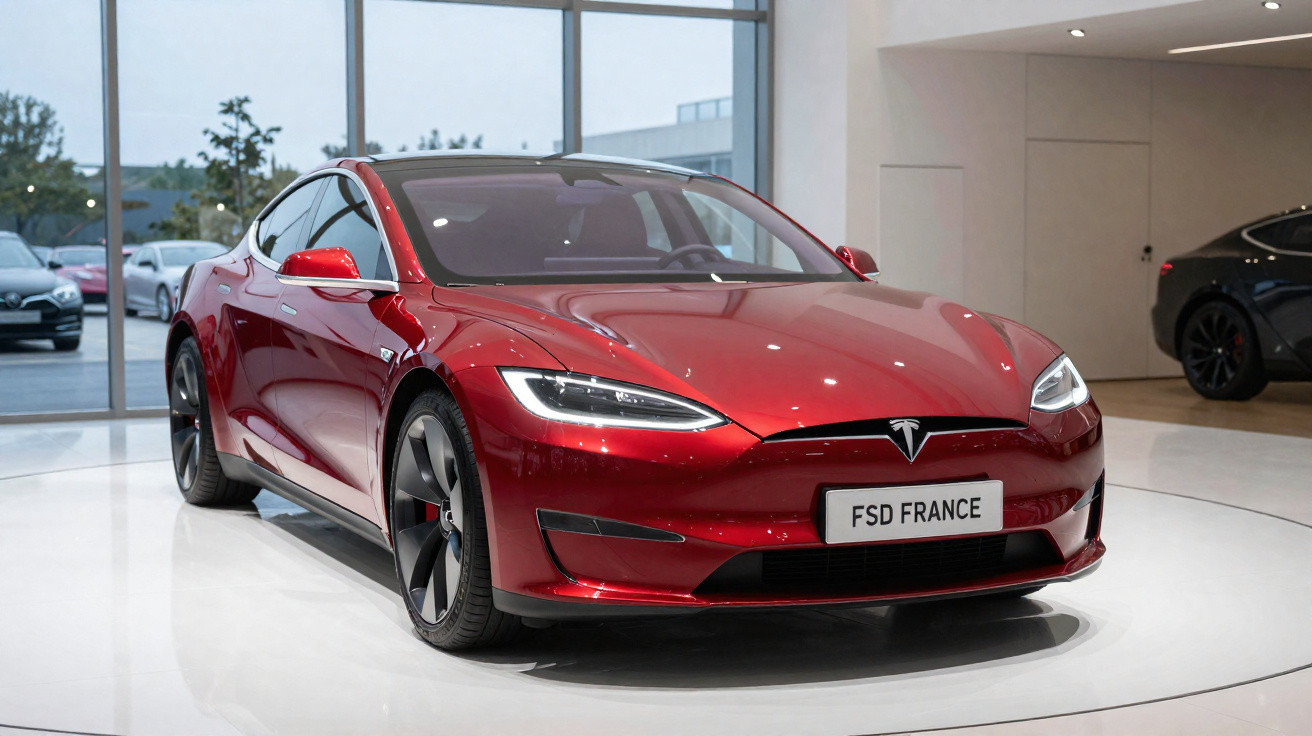 Roter Tesla Model S in einem modernen Autohaus auf weißem Boden mit großen Fensterflächen.